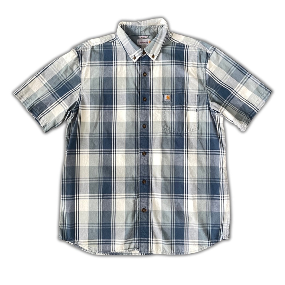Carhartt Short Sleeve Button Shirt Men’s Size Large Relaxed Fit Blue White Plaid
